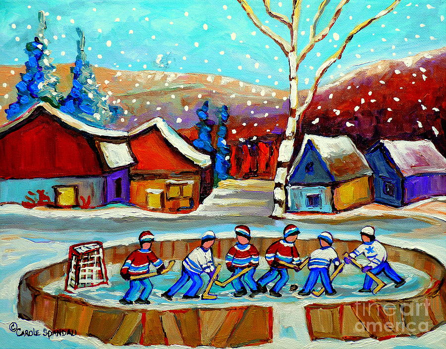 Magical Pond Hockey Memories Hockey Art Snow Falling Winter Fun Country Hockey Scenes  Spandau Art Painting by Carole Spandau