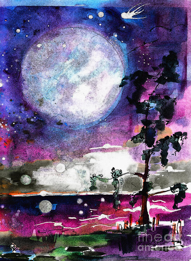 Abstract Painting - Magical Swamp Lights Big Moon by Ginette Callaway
