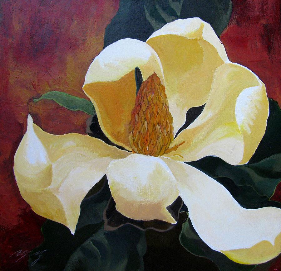 Magnolia With Red Painting by Alfred Ng