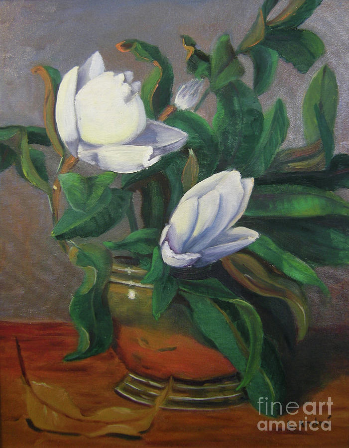 Magnolias on Brass Painting by Lilibeth Andre