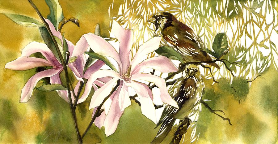 Magnolias With Sparrows Painting by Alfred Ng