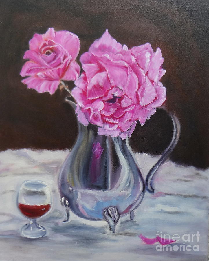 Silver Tea Pot Painting - Magenta Roses by Jenny Lee