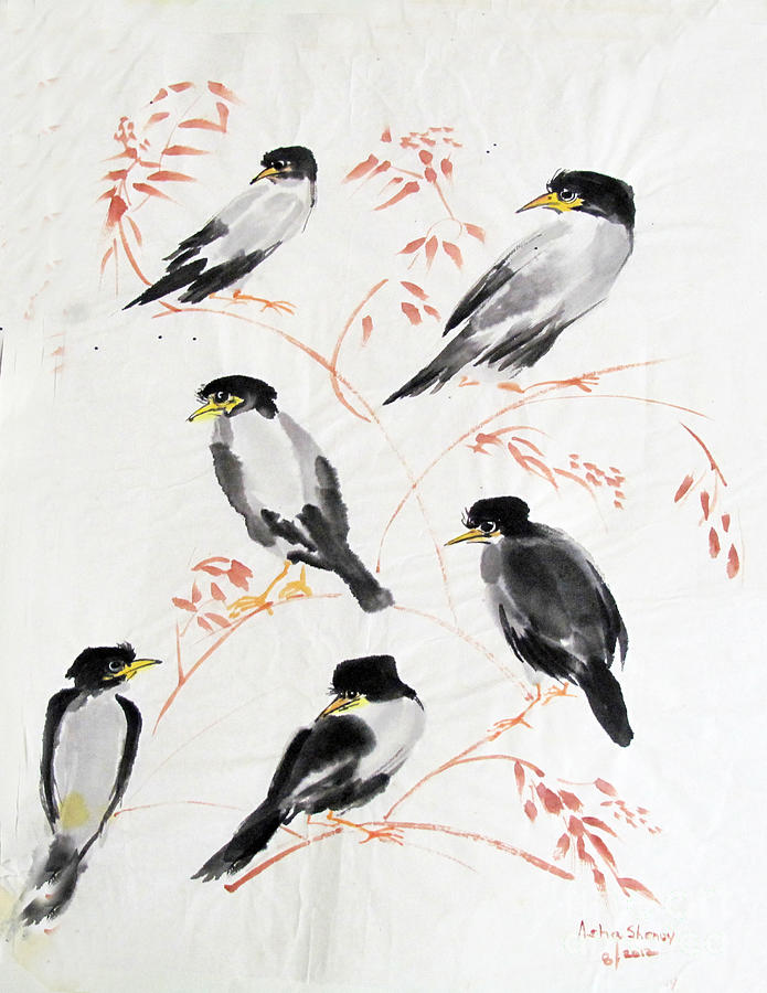 Magpies on the tree Painting by Asha Sudhaker Shenoy