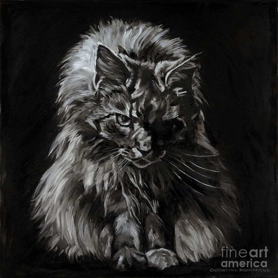 Black And White Painting - Main Coon Cat Portrait by Christine Montague
