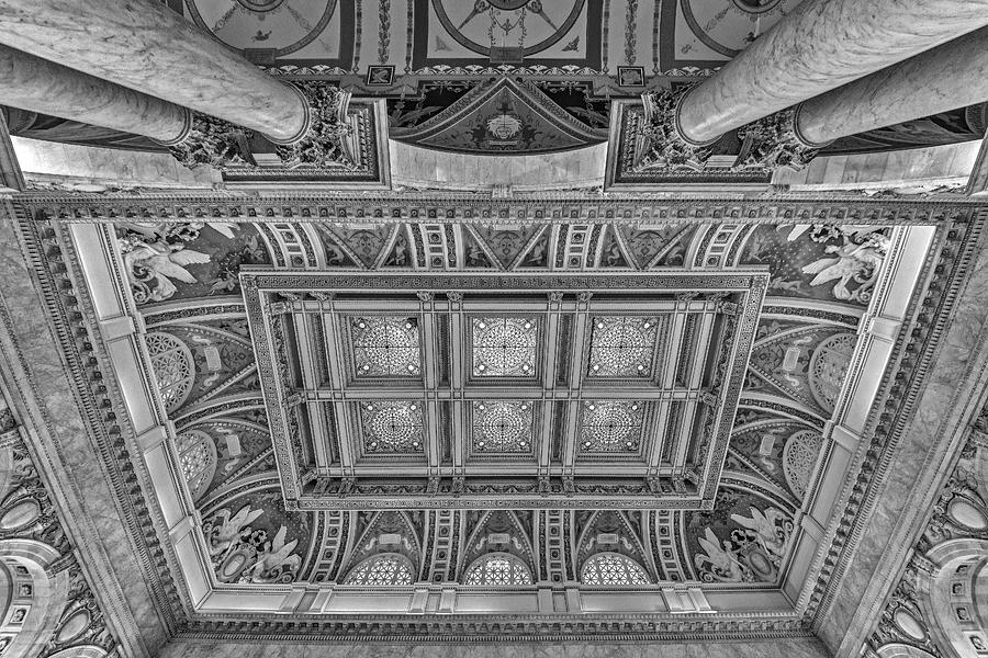 Main Hall Ceiling Library Of Congress BW Photograph by Susan Candelario