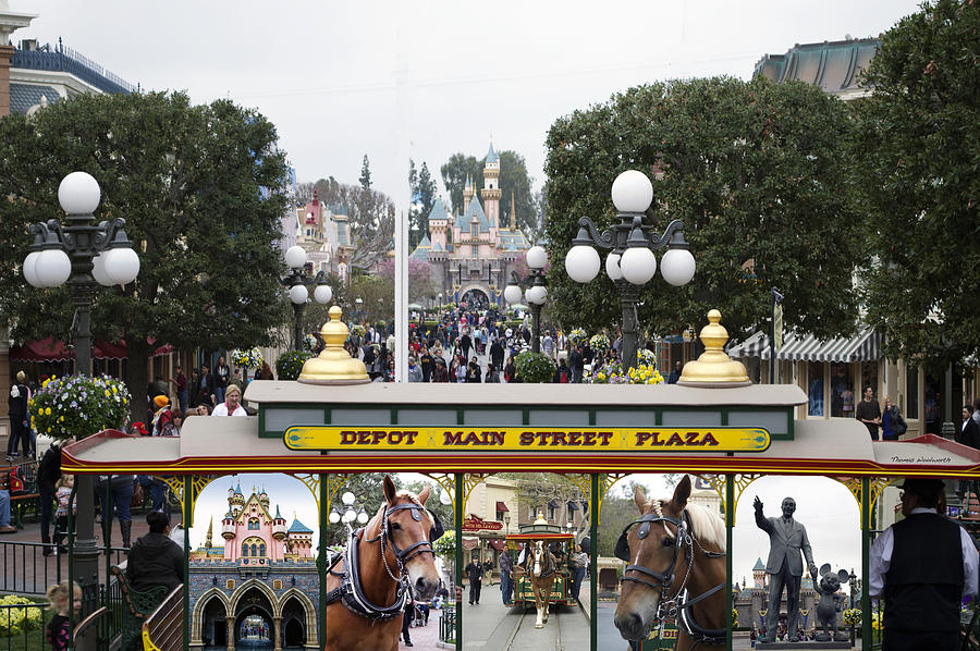 Transportation Photograph - Main Street Depot Disneyland Trolley Collage by Thomas Woolworth