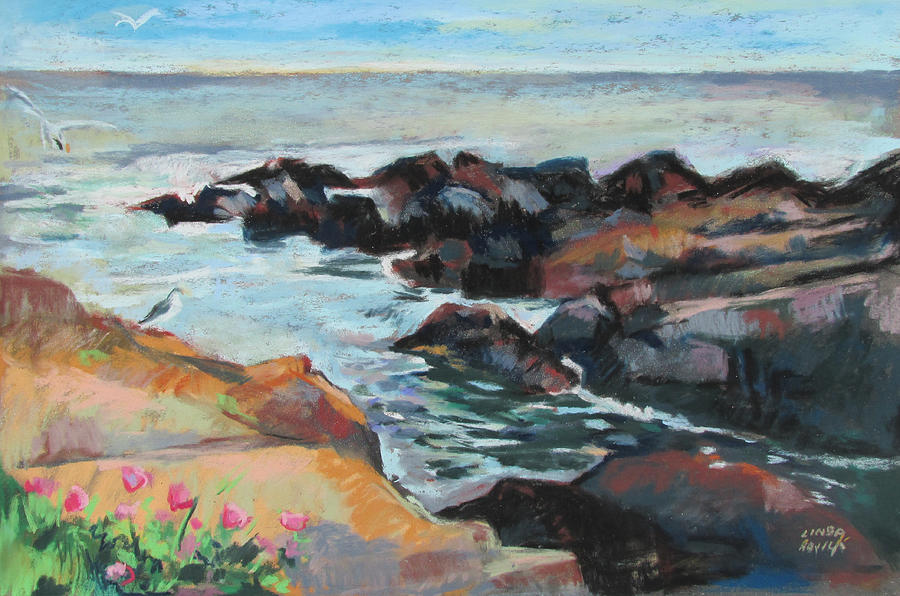 Maine Coast Rocks and Birds Painting by Linda Novick
