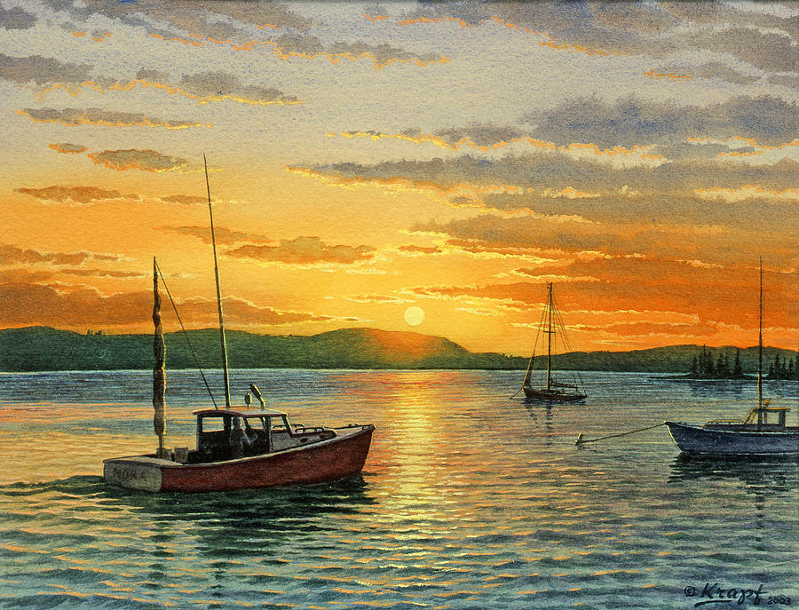 Boat Painting - Maine Harbor Sunset by Paul Krapf