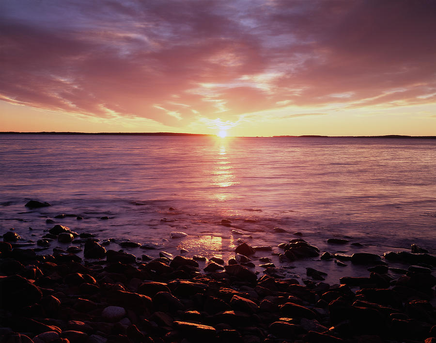 Maine, Sunrise Over The Rocky Shoreline Photograph by Christopher ...