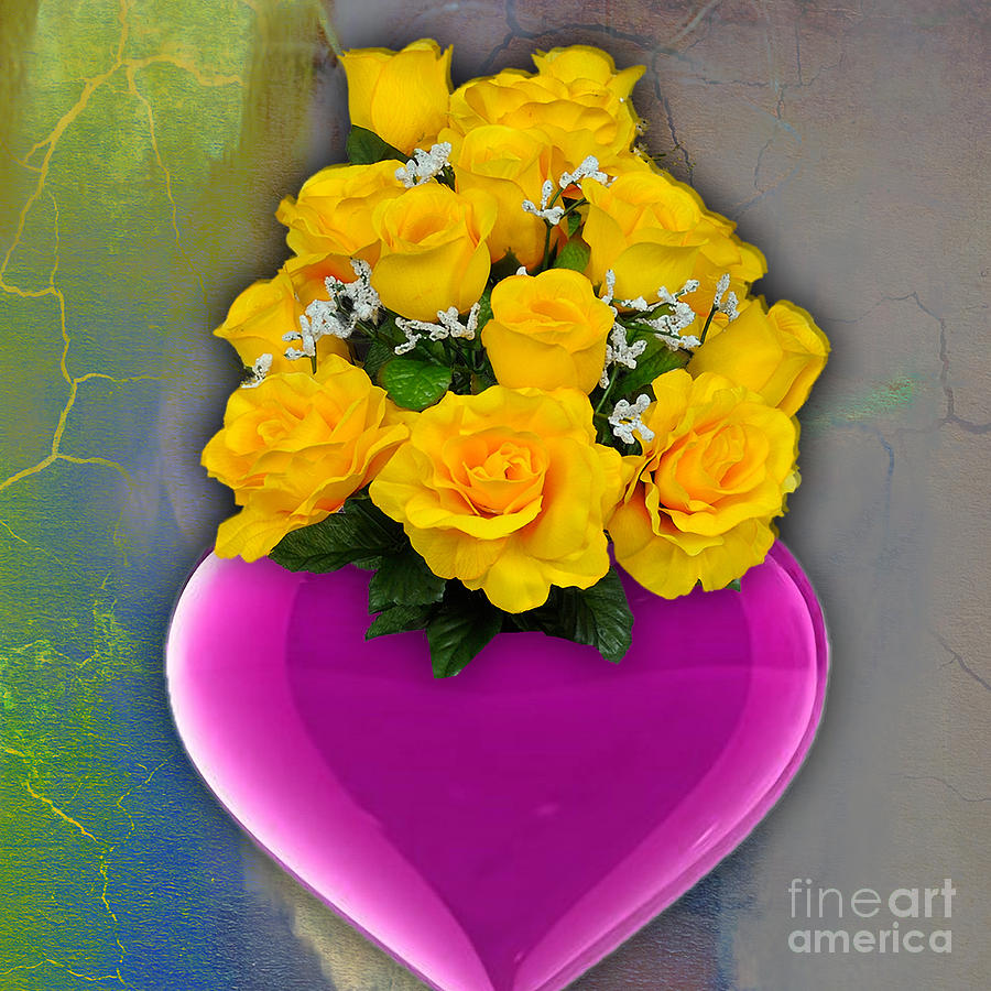 Majenta Heart Vase with Yellow Roses Mixed Media by Marvin Blaine
