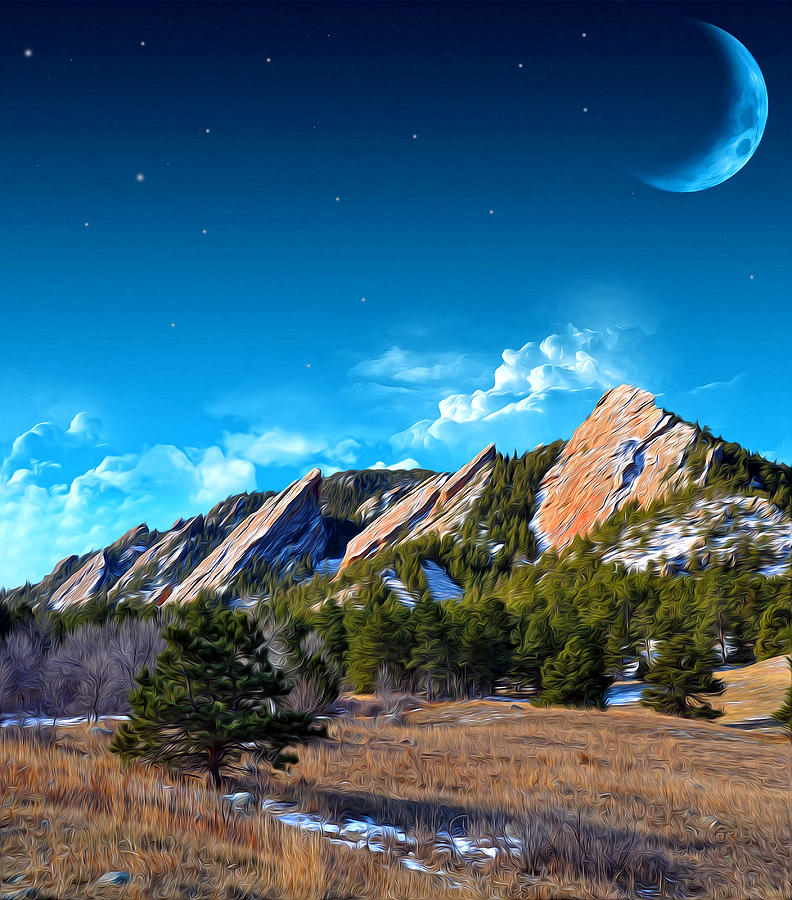 Majestic Flatirons of Boulder Colorado with Big Moon Photograph by John Hoffman