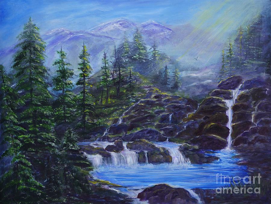 Majestic Mountain Falls Painting by Leslie Allen