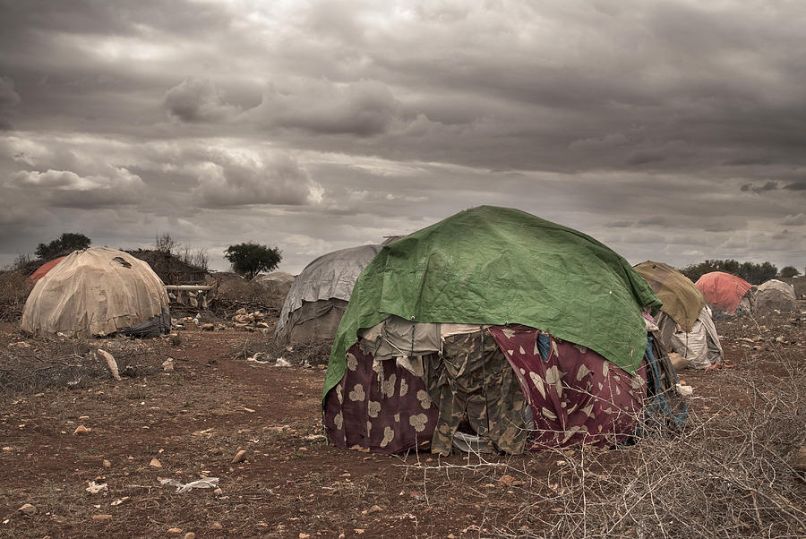 Make shift, temporary refugee shelters in Somalia at IDP Camp. Photograph by Chris Minihane