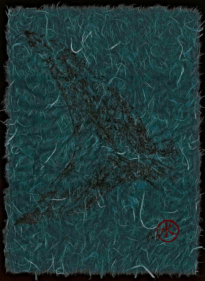 Jaws Mixed Media - Mako Tail on Pale Blue Unryu/Mulberry Paper by Jeffrey Canha