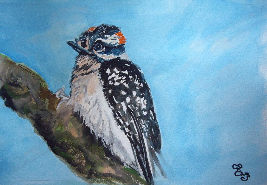 Male Downy Woodpecker Painting by Carole Robins