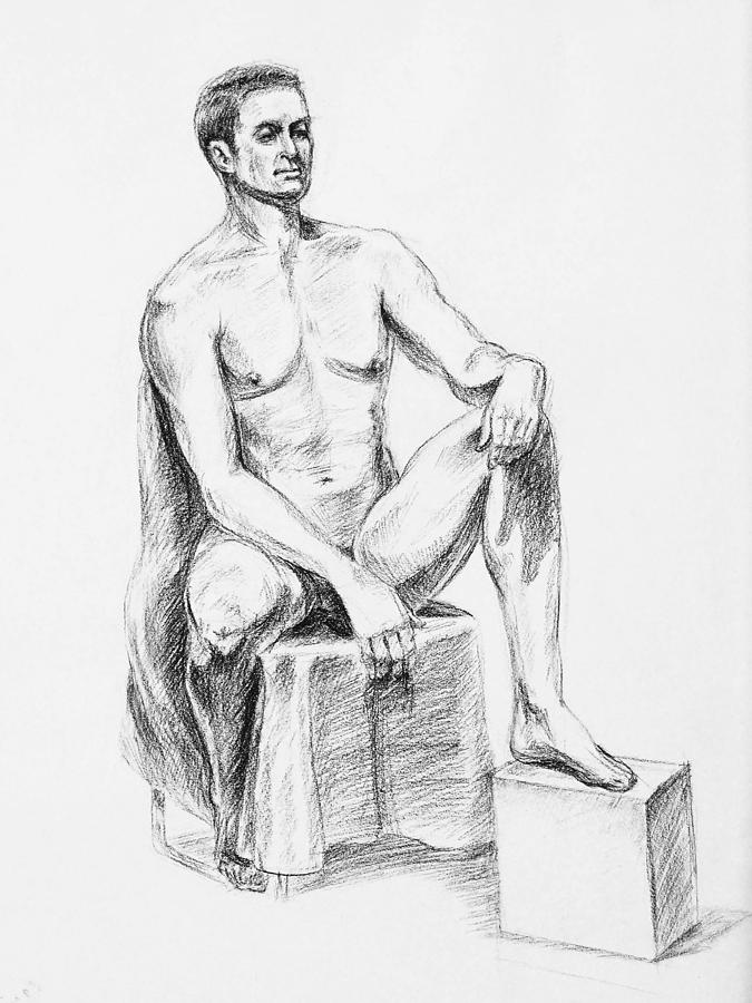 Male Model Seated Charcoal Study Drawing