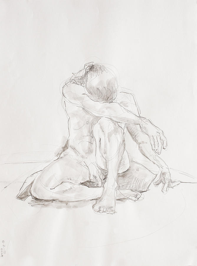 Nude Drawing - Male nude on pillow by Andy Gordon