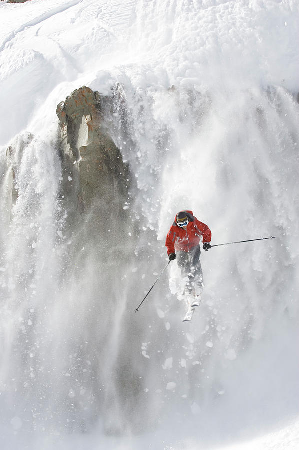 Mountain Photograph - Male Skier Jumping Off A Cliff With Snow by Adam Clark