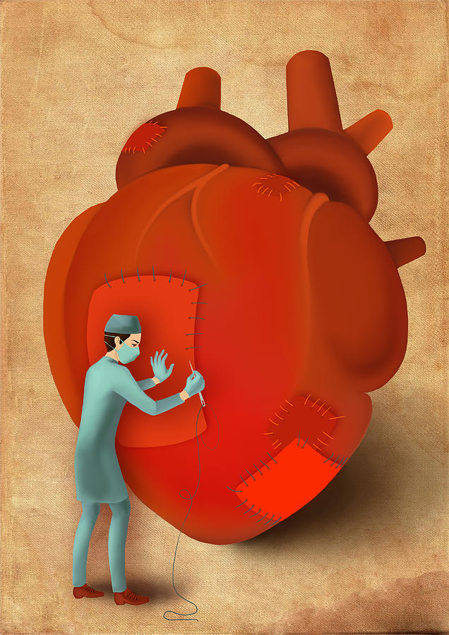 Male surgeon stitching heart with needle and thread depicting surgical treatment Drawing by Fanatic Studio