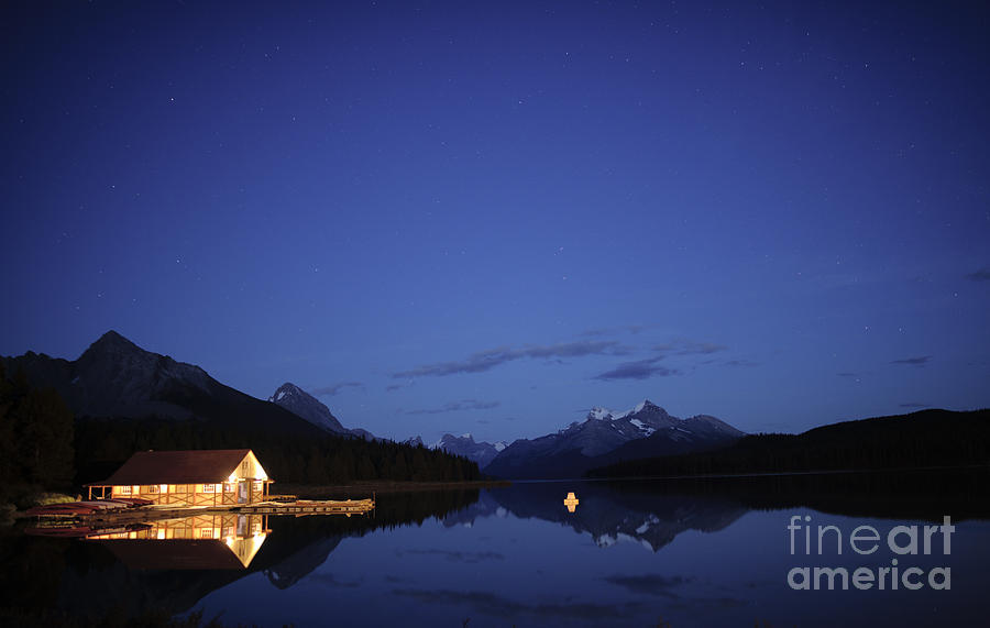 Mountain Photograph - Maligne Lake Boathouse at Night by Dan Jurak