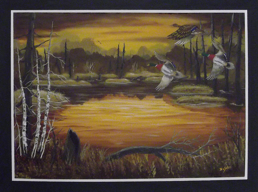 Ducks Painting - Mallards On Golden Pond by Rudolph Bajak