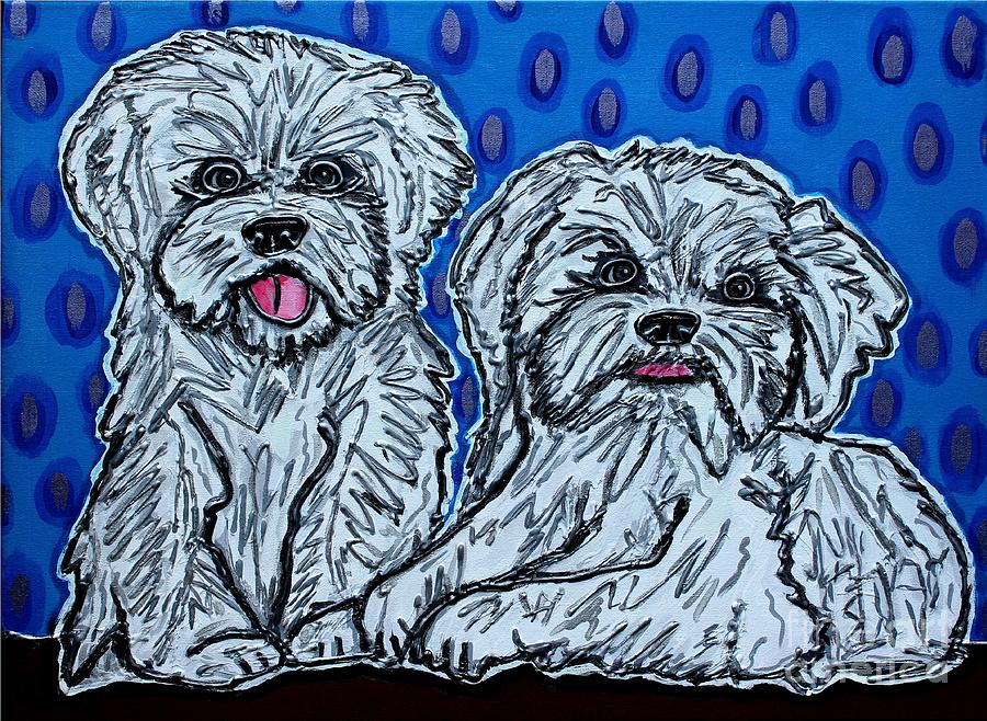 Maltese Duo Blue BG Painting by Cynthia Snyder
