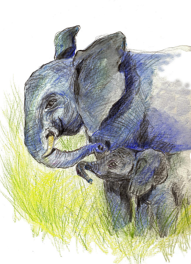 Elephant Painting - Mama elephant and Calf by Ellen Miffitt