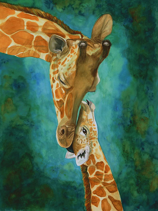 Giraffe Painting - Mamas Love by Laurie Henry