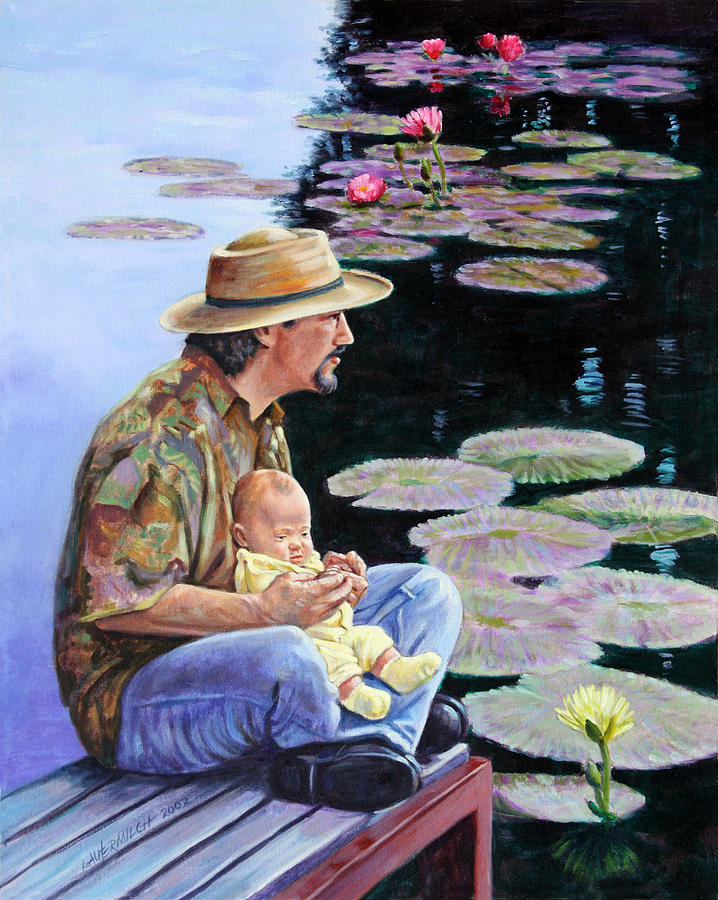 Man and Child in the Garden Painting by John Lautermilch