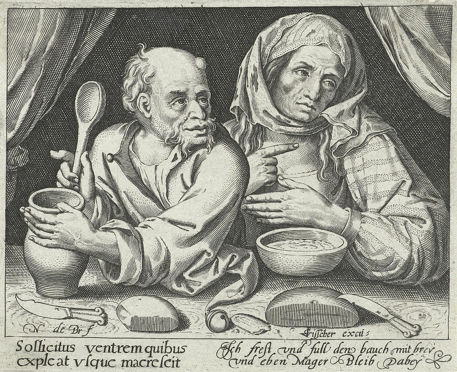 Cereal Drawing - Man And Woman Eating Porridge, Nicolaes De Bruyn by Nicolaes De Bruyn And Claes Jansz. Visscher (ii)