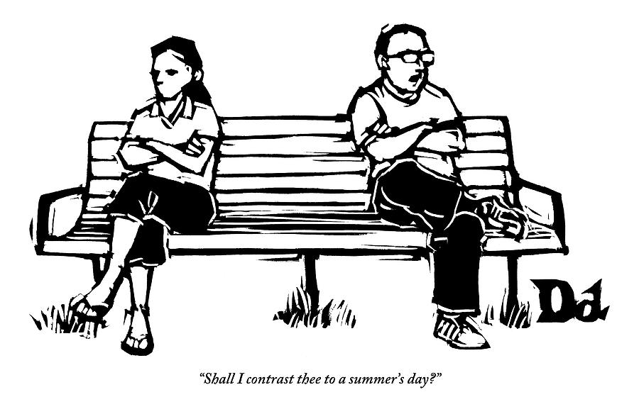 Man And Woman Sit On Bench Opposite One Another Drawing by Drew Dernavich