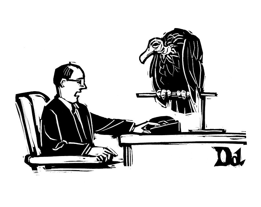 Man At Desk Speaks Into Intercom.  A Vulture Sits Drawing by Drew Dernavich