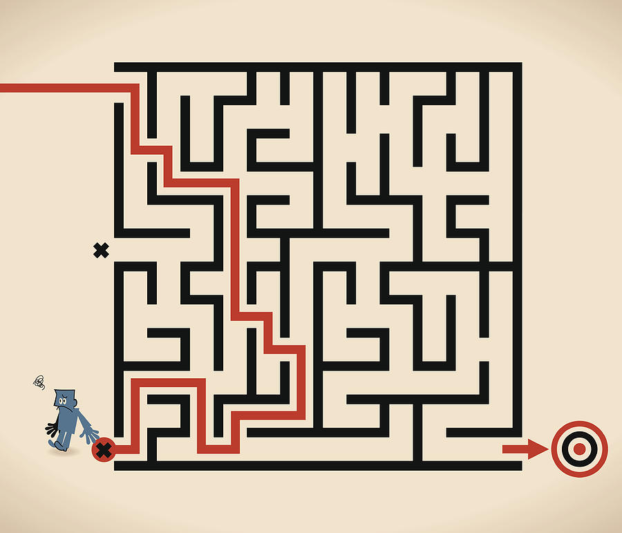 Man (Businessman) lost in maze, wrong way Drawing by Alashi