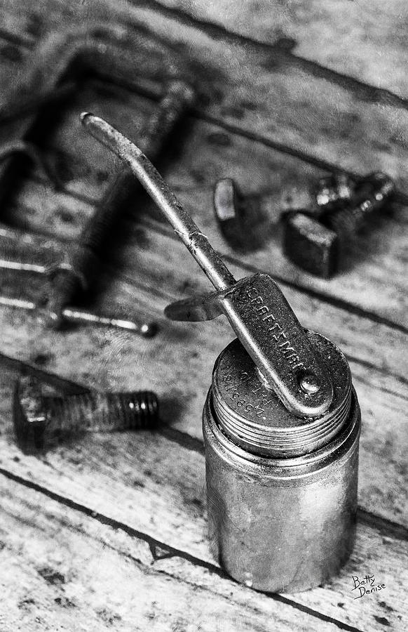 Vintage Photograph - Man Cave - Antique Oil Can and Tools by Betty Denise