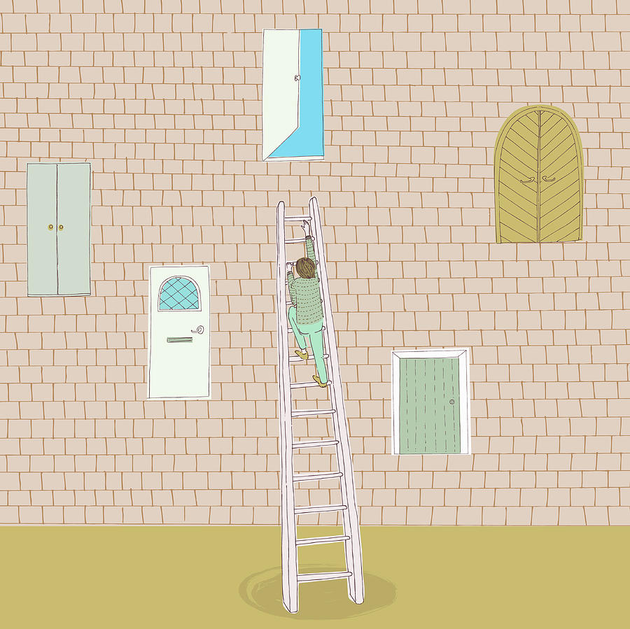 Man Climbing Ladder To Open Door High Photograph by Ikon Ikon Images