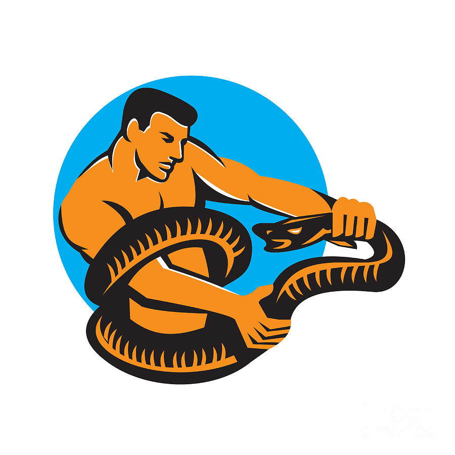 Boa Constrictor Digital Art - Man Fighting Boa Constrictor Snake Retro by Aloysius Patrimonio