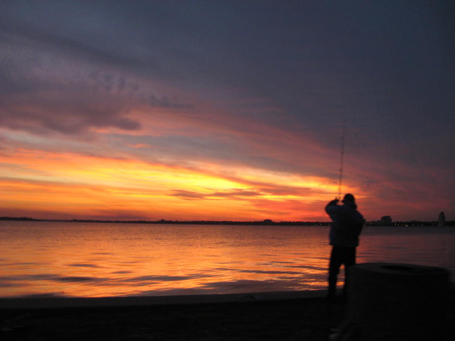 Sunset Pyrography - Man Fishing  by Joanne Askew