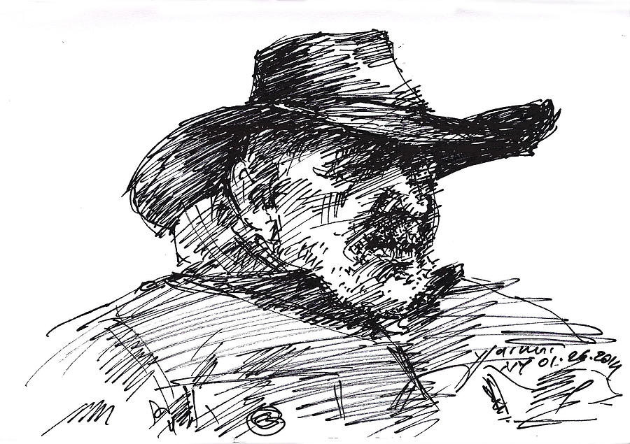 Portrait Drawing - Man in a Cowboy Hat by Ylli Haruni