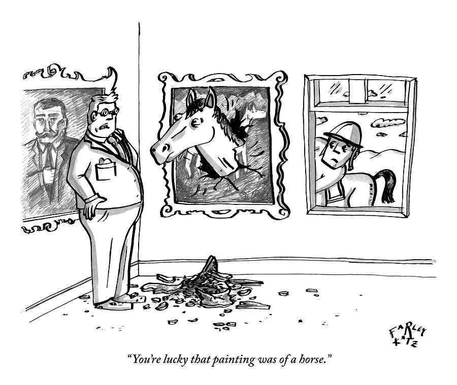 Man In Art Gallery Speaks To Horse Jockey Drawing by Farley Katz