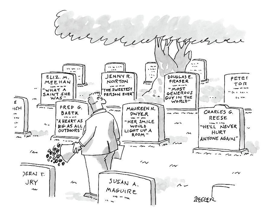 Man In Graveyard Looks At Tombstones Drawing by Jack Ziegler
