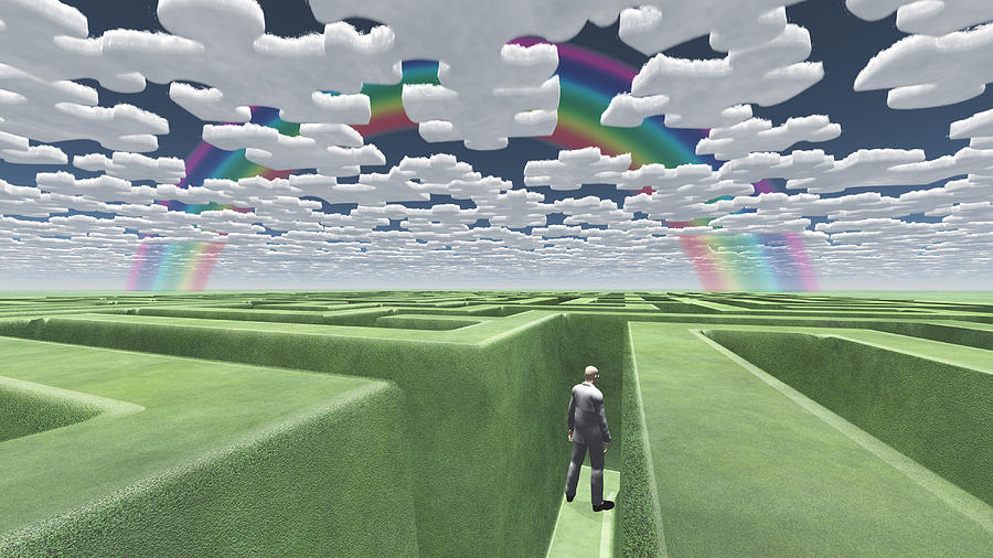 Man in maze with puzzle clouds Digital Art by Bruce Rolff