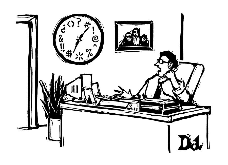 Man In Office Looking At A Clock And The Numbers Drawing by Drew Dernavich
