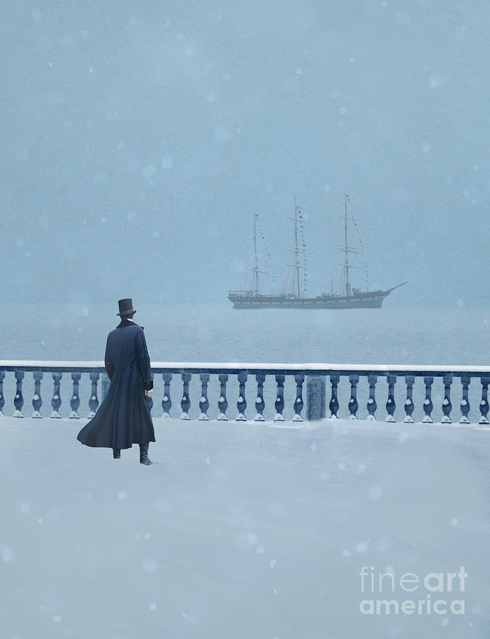 Vintage Photograph - Man in Top Hat Watching a Ship in Snow by Jill Battaglia