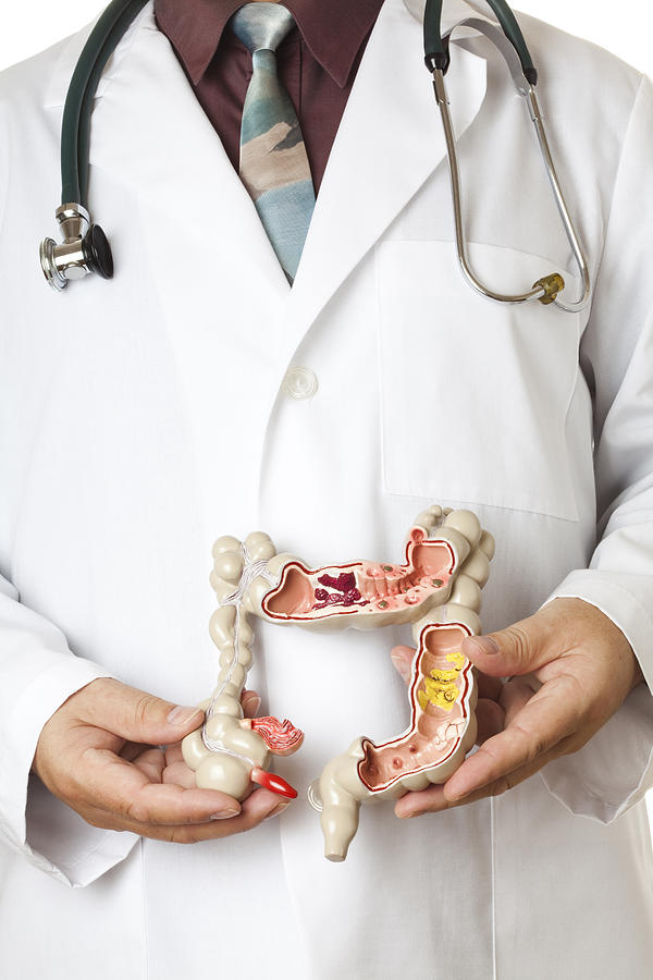 Man in white coat with stethoscope holding model of colon Photograph by Ericsphotography