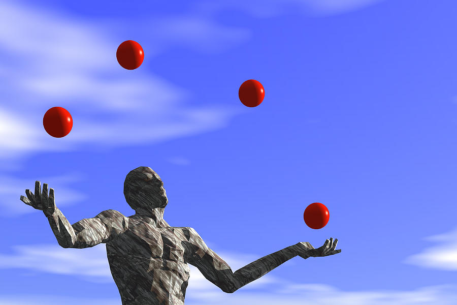 Man Juggles Four Red Balls Against Blue Sky Drawing by Rubberball/Clark Dunbar