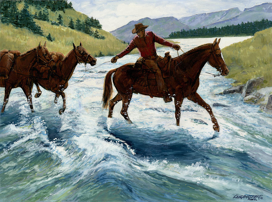 Horse Painting - Pack Horses Crossing River by Don  Langeneckert