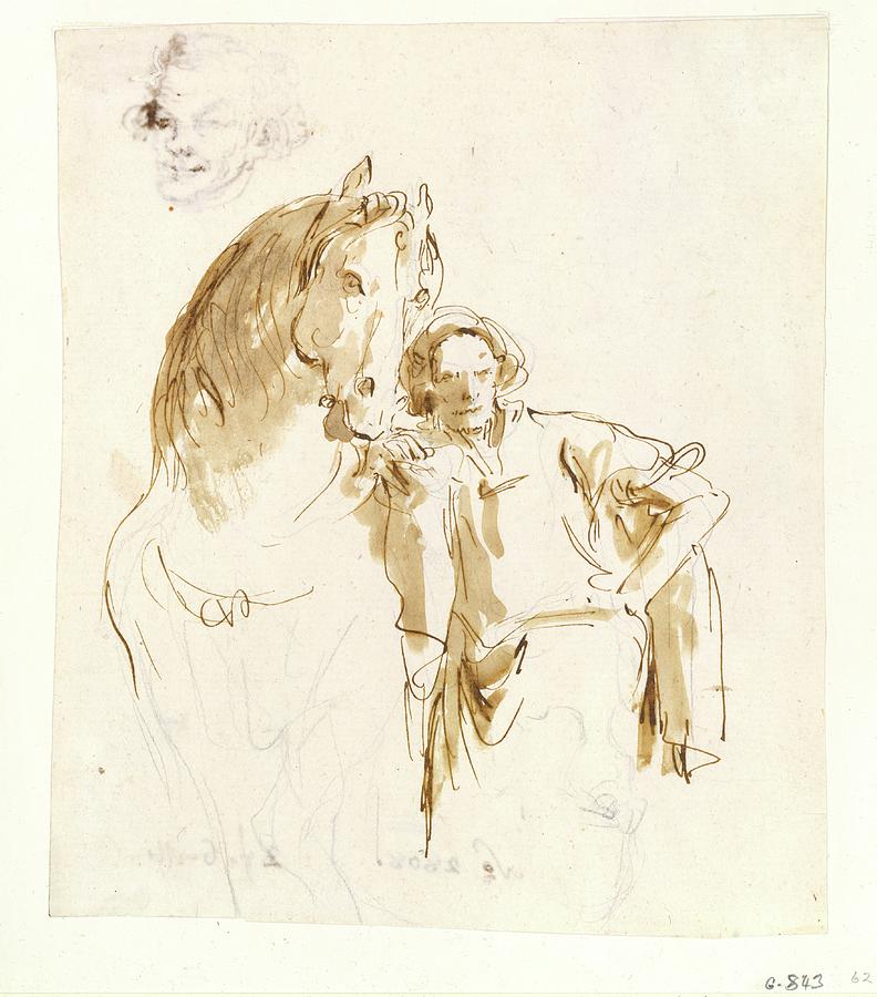 Giovanni Battista Tiepolo Drawing - Man Leaning Against A Horse by Giovanni Battista Tiepolo