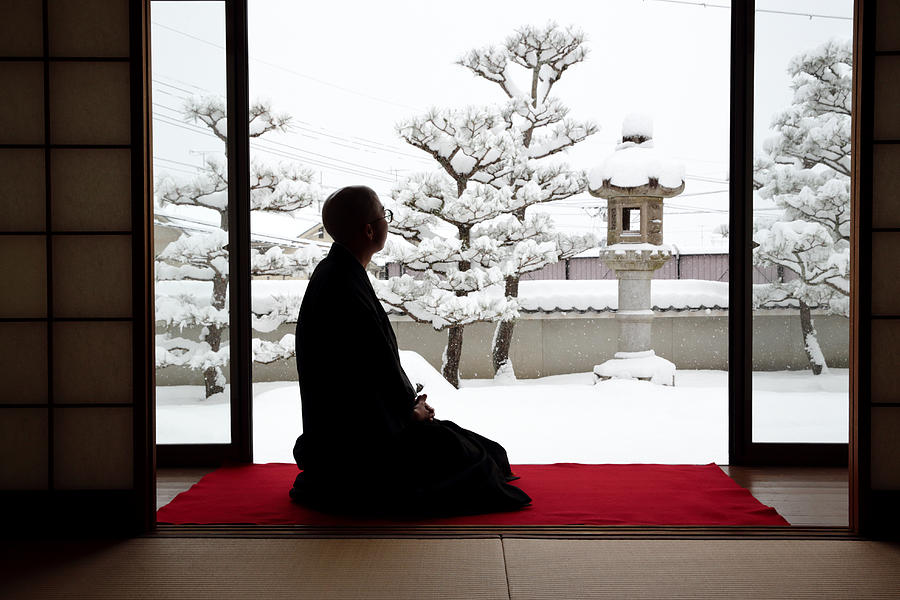 Man looking at snowy garden Photograph by Eriko Koga