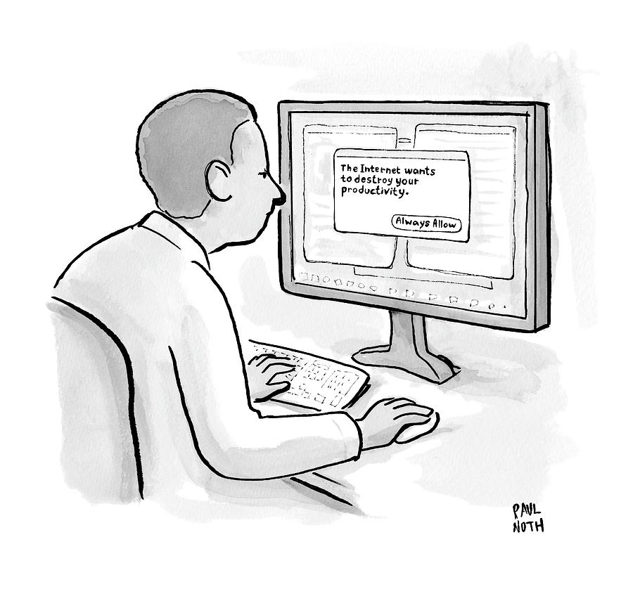 Man Looks At Computer Screen In Which An Alert Drawing by Paul Noth