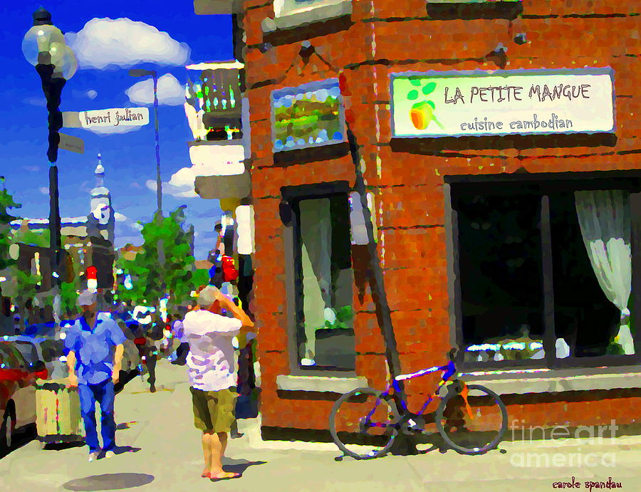 Man On Cellphone Reads Bistro Menu La Petite Mangue Cuisine Cambodian Cafe Scene Montreal C Spandau Painting by Carole Spandau